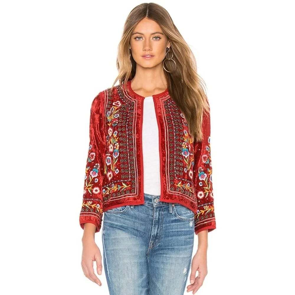 Velvet by Graham Spencer Nita Jacket US L EU 40 Womens Red Embroidered $279